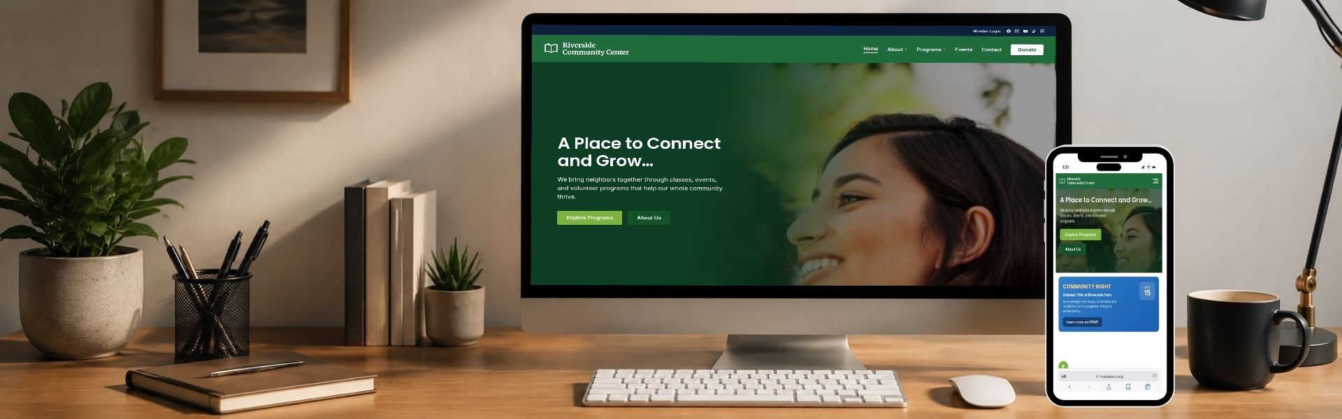 A custom website design shown on a laptop and phone in a clean browser frame