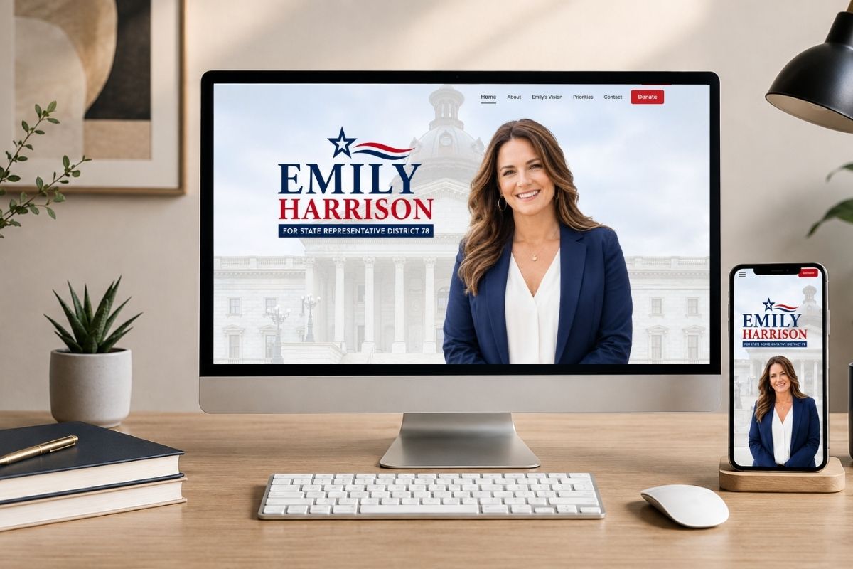 A campaign website on a laptop with a donation form and events, clean and modern