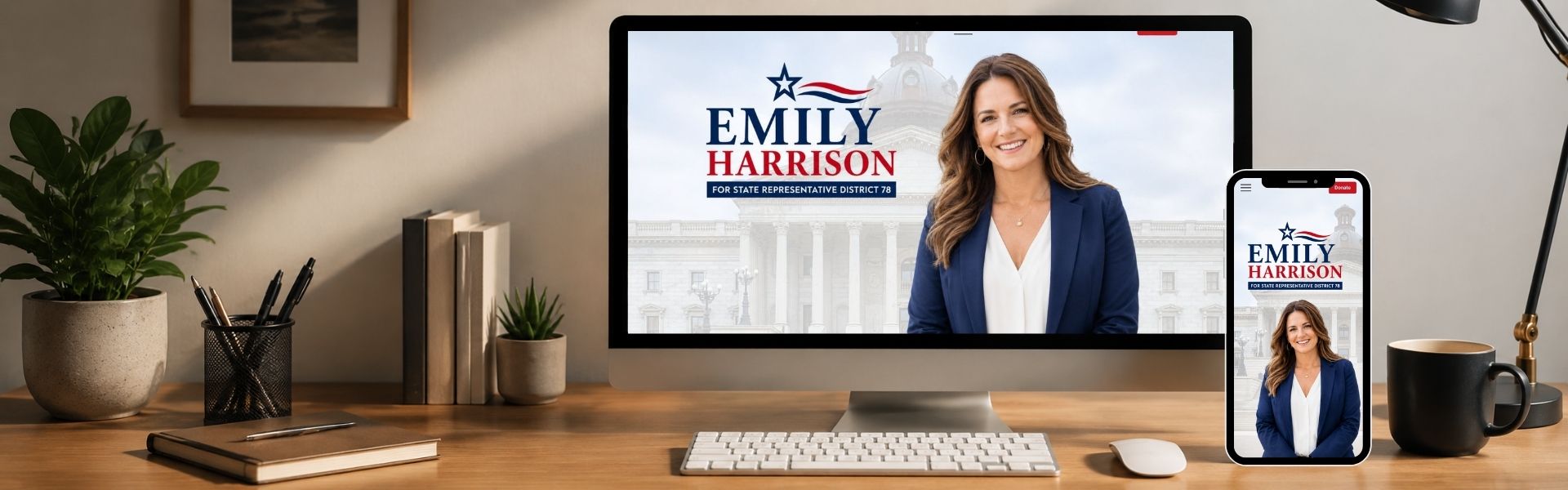 A campaign yard sign or community event at golden hour, hopeful and local
